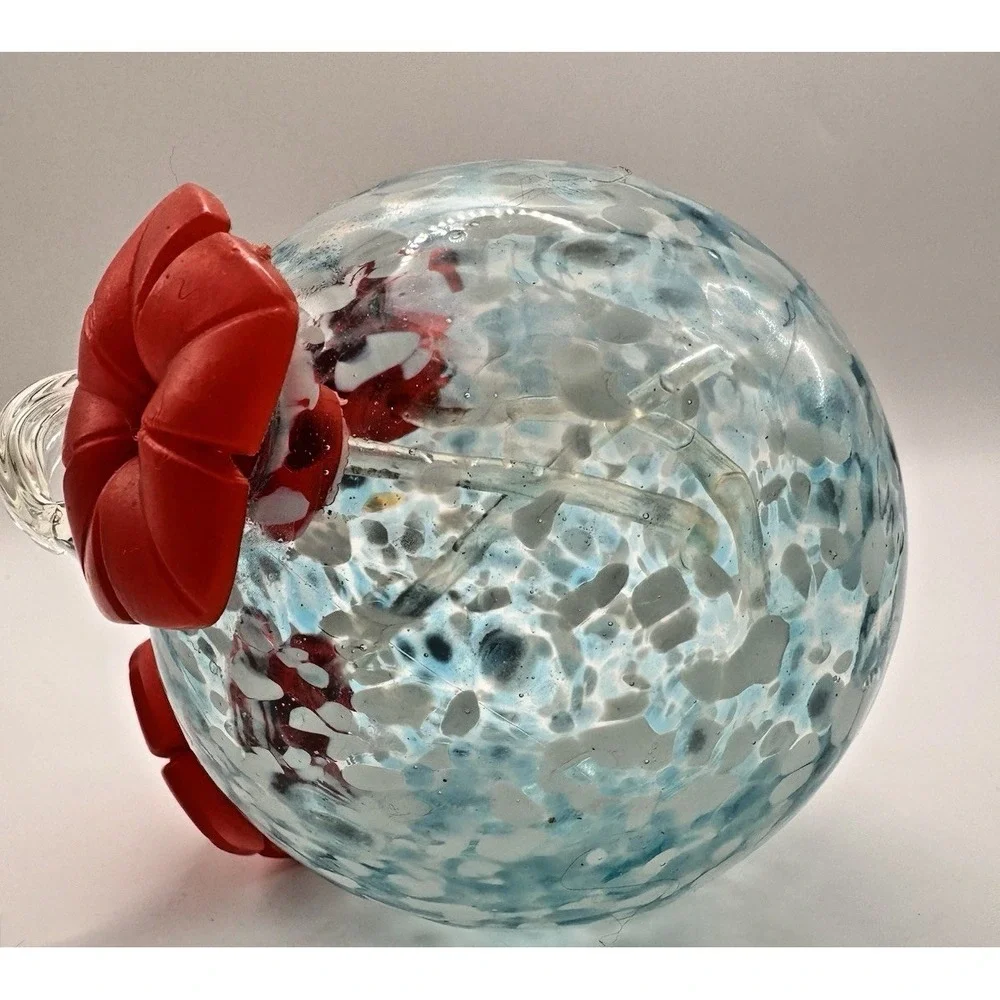 Hummingbird Feeder Hand Blown Glass Blue White Confetti Red Flower Ports Hanging